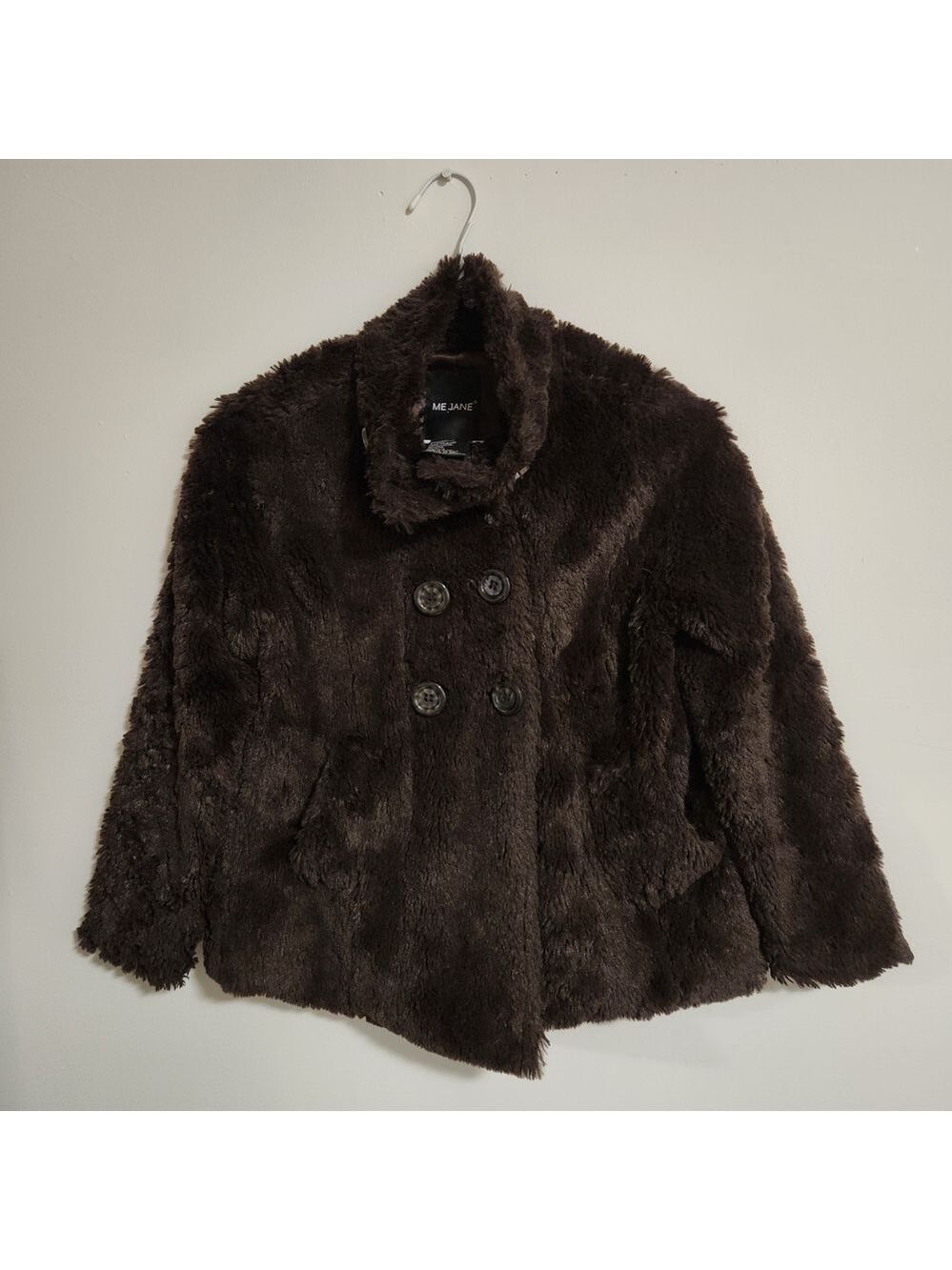 ME JANE Furry Teddy Bear Jacket Cropped Double Breasted Chocolate Brown Fuzzy